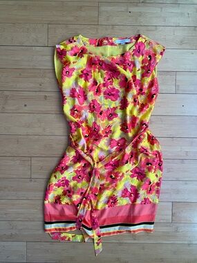 LOFT Yellow Dress with Pink & Coral Floral Print